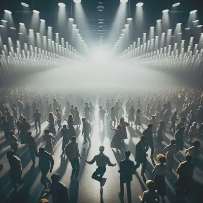 Cinematic shot of a vast dance floor filled with people of diverse backgrounds and ages. The lighting fluctuates with the rhythm, and amidst the crowd, a central figure stands out, dancing passionately, representing the spirit of never stopping and always pushing forward.