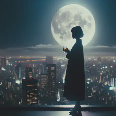 Cinematic shot of Aomame standing on a city rooftop at night. The vast expanse of the city lights stretches out behind her. She holds a glass, her silhouette defined against the luminous backdrop of the moon, seeking answers from the silent celestial observer.