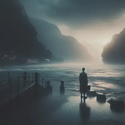 Cinematic still of the meeting point of a river and the sea during a rainy dusk. A lone figure stands near the water's edge, their posture reflective. The play of light and shadow, combined with the rain, creates a mood of solitude and introspection.