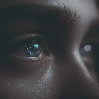 Cinematic still of a close-up of a person's face, their eyes reflecting the twinkling stars from the night sky. The depth and emotion in their gaze hint at a profound connection with someone or something far away, capturing the essence of the described sentiment.