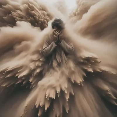 Photo of a person standing amidst a fierce sandstorm. The sand seems almost alive, swirling violently around them. The person's eyes are closed, and they have their hands raised to protect their face. The atmosphere is thick, making it hard to see anything beyond the immediate vicinity.