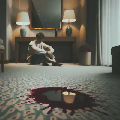 Candid photography of an individual reflecting in solitude. The background captures a room with muted tones and a prominent red-wine stain on the carpet. The scene is a metaphorical representation of the deep-seated loneliness described in the text.